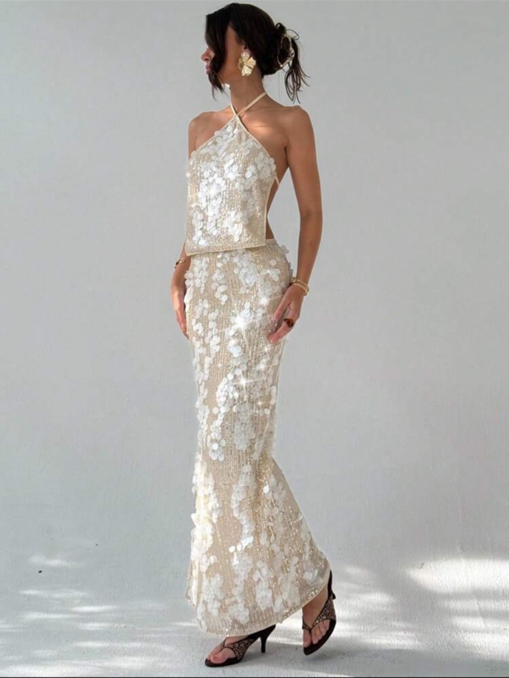 Sequin Halter Neck Cream Skirt Set